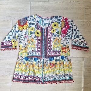 Johnny Was Theda Tunic 100% Silk Blouse Pom Pom Floral Print Button Up Medium